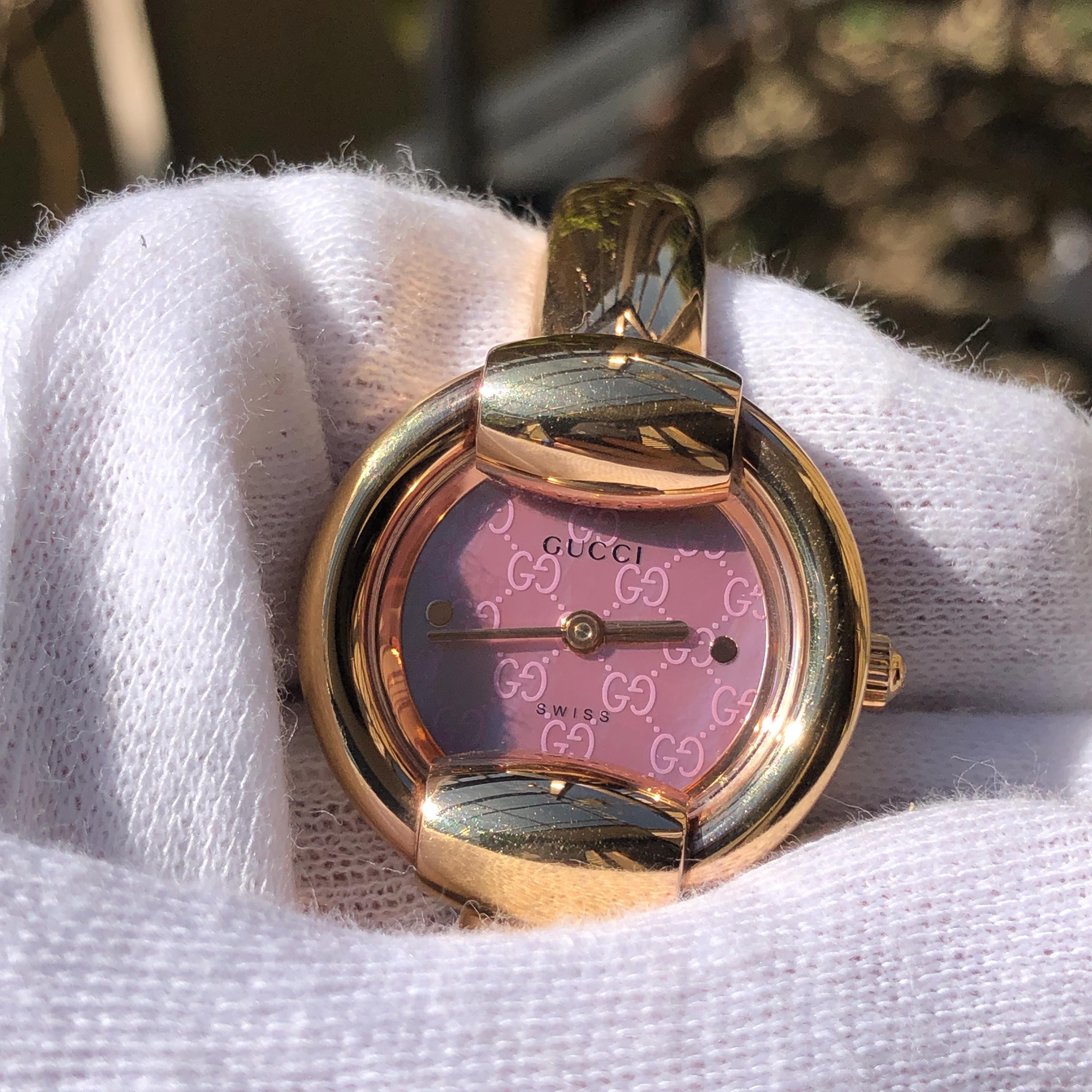 VINTAGE GUCCI 1400L Rose Gold Stainless Steel Bangle Type Lady's