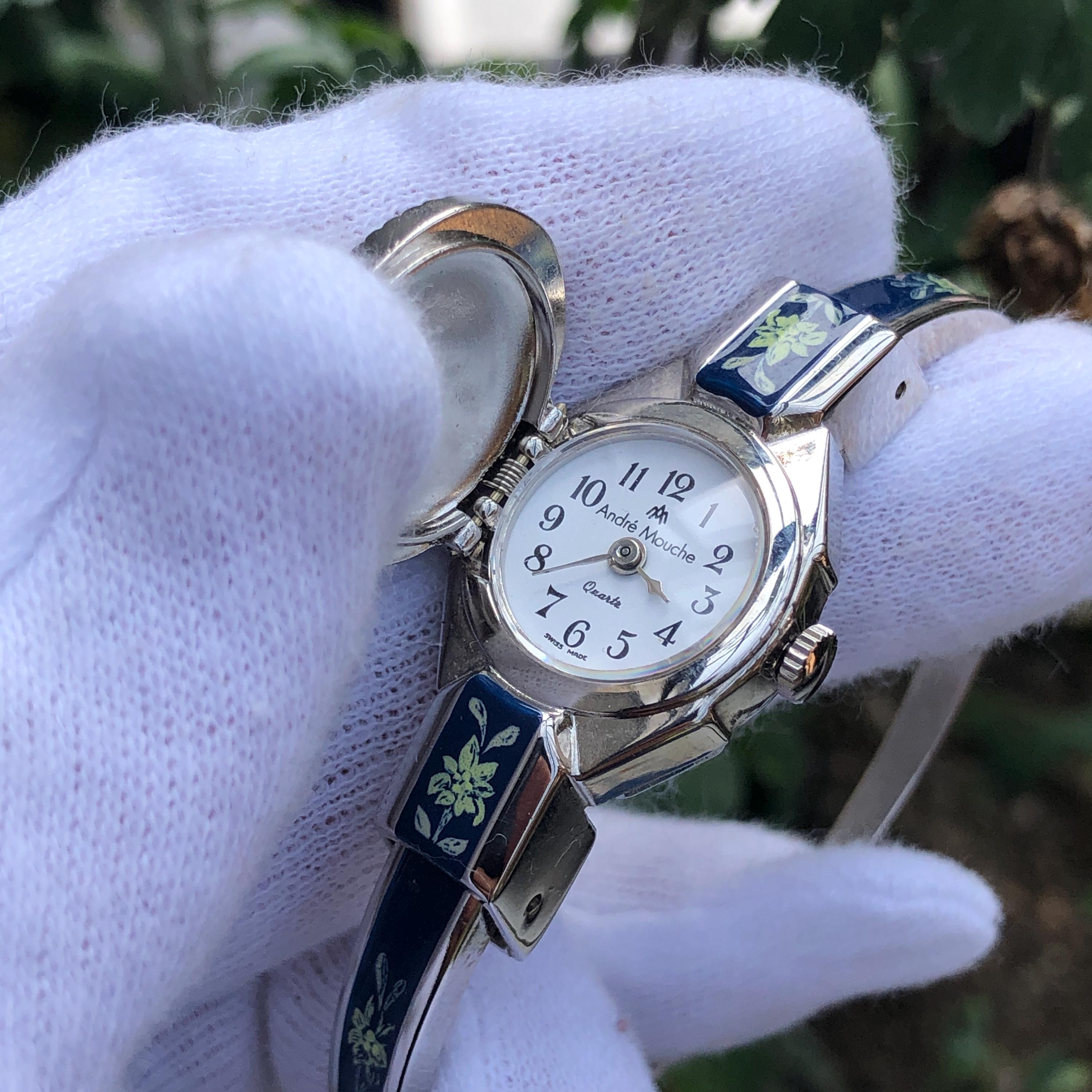 Vintage André Mouche Enamel Bangle Watch: Swiss Floral Design - Etsy