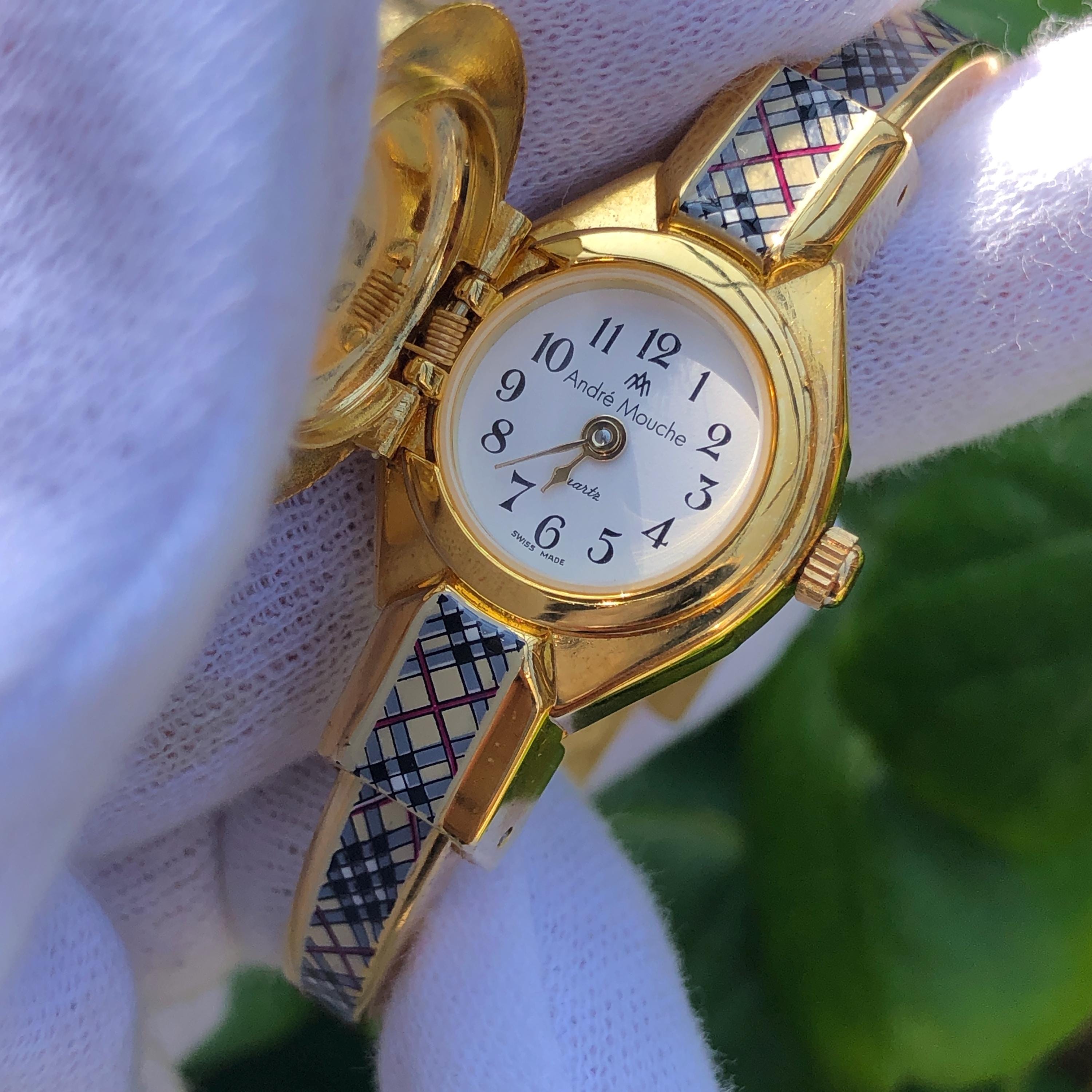 Vintage André Mouche Swiss Made Bangle Watch: Gold Tone Chequered