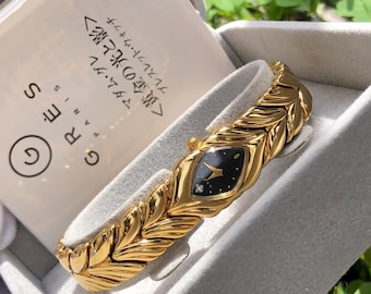 RARE Vintage GRES 1P Diamant Einzigartige Uhr Schwarzes Zifferblatt Gold getönt unedlen Metall Damen Diamant Uhr Box Papiere