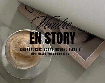 May include: A white laptop with the Apple logo, a magazine, and a cup of coffee with latte art are on a marble surface. The text "Vendre EN STORY" is visible, along with additional text below.