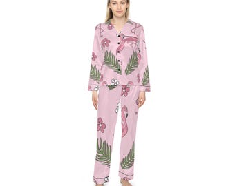 Flamingo & Floral Satin Pyjamas, Gemütliches Lounge Set, Tropischer Print, Sommer Nachtwäsche Geschenk, Damen Lounge Wear, Perfekt für Sommernächte