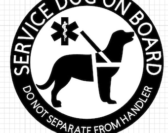 Service Dog On Board Do Not Separate From Handler, waterproof vinyl sticker, Multiple Breeds & Sizes. BLACK