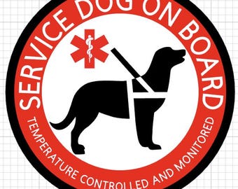 Service Dog On Board, Temperature controlled and Monitored, waterproof vinyl sticker, Multiple Breeds & Sizes. Red