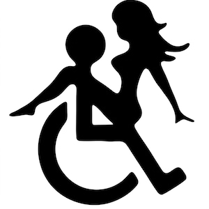 以下が含まれることがあります： 車椅子に乗った人物と、その隣に立っている人物を描いた白黒のグラフィック。この画像は、白い背景にシルエットで描かれています。