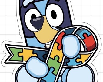 Blue Dog Autism Awareness Sticker | Puzzle Ribbon Cartoon Puppy Decal | Waterproof Vinyl | Water Bottle Laptop Tumbler | 2" 3" 4"
