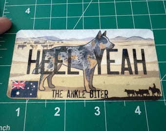 Heel Yeah Blue Heeler Sticker | Australian Cattle Dog License Plate Vinyl Decal | Ankle Biter Heeler Gift | Laptop & Water Bottle Sticker