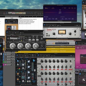 Könnte beinhalten: Eine Collage von Computerbildschirmen, die verschiedene Audio-Plugins zeigen, darunter ein Distressor, ein Teletronix LA-2A, ein Neve 1073, ein Galaxy Tape Echo und ein Plugin namens "Ruby".