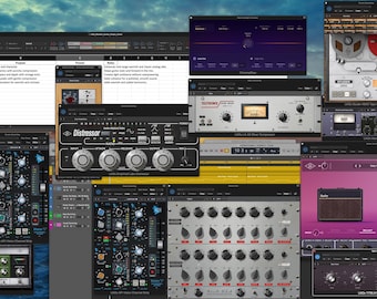 May include: A collage of computer screens showing various audio plugins, including a Distressor, a Teletronix LA-2A, a Neve 1073, a Galaxy Tape Echo, and a plugin called "Ruby".