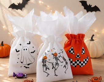 Halloween Treat Bags, Halloween Party Favor Bags, Trick or Treat Gift Bag, Boo Basket Bag, Fabric Halloween Goodie Bags