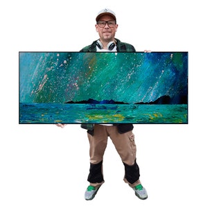 May include: An abstract painting titled "Horgabost Storm, Isle Of Harris" depicts a seascape with a dramatic sky. The artwork features a sky in shades of teal, blue, and pink, above a dark land silhouette and a turquoise sea.