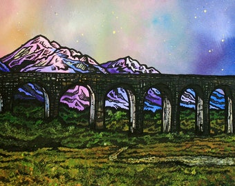 Glen Finnan Viaduct, Scottish Highlands - Art Print From original Scottish Painting - Made In Glasgow, Scotland by artist Andy Peutherer