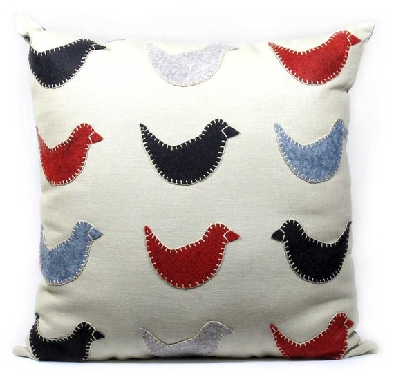 Items similar to Embroidered Bird Pillow Red, Black, and Gray on Etsy
