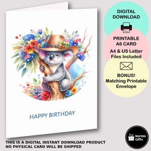 Cartão de aniversário de coala para impressão, cartão de vida selvagem animal australiano, cartão de felicitações australiano A6, download instantâneo, envelope C6 para impressão correspondente
