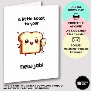 Druckbare neue Job Toast Karte, lustiges Essen Wortspiel Karte, süße A6 Glückwünsche Grußkarte, sofortiger Download, passender druckbarer C6 Umschlag