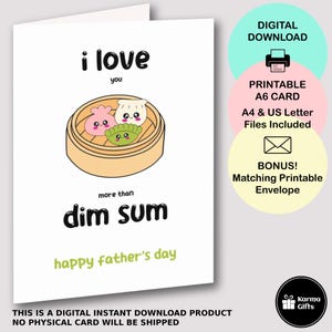 Carte de fête des pères imprimable Je t'aime plus que Dim Sum, carte de voeux A6 drôle et mignonne, téléchargement immédiat, enveloppe C6 imprimable assortie