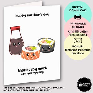 Cartão de Dia das Mães Sushi para imprimir, cartão de felicitações A6 engraçado e fofo, download instantâneo, envelope C6 para impressão correspondente, muito obrigado, mãe