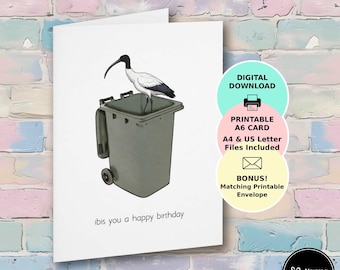 Tarjeta de cumpleaños de Bin Chicken, divertida tarjeta de felicitación de cumpleaños de Ibis, humor australiano, sobre a juego.