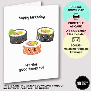 Printable Sushi Birthday Card, Cute Sushi A6 Greeting Card, Bonus Matching Printable C6 Envelope, Let The Good Times Roll