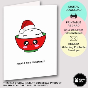 Printable Have a Rice Christmas Card A6, Funny Kawaii Food Pun Xmas Card, Instant Download with Matching Printable C6 Envelope