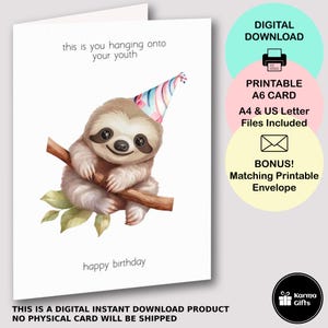 Carte de joyeux anniversaire imprimable paresseux, accrochée à votre jeunesse, carte de voeux A6 amusante, téléchargement immédiat, enveloppe C6 imprimable assortie