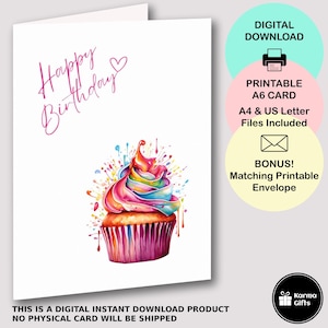 Cartão de feliz aniversário com cupcake de arco-íris para impressão, lindo cartão de felicitações A6 com bolo de Patty rosa, download instantâneo, envelope C6 para impressão correspondente