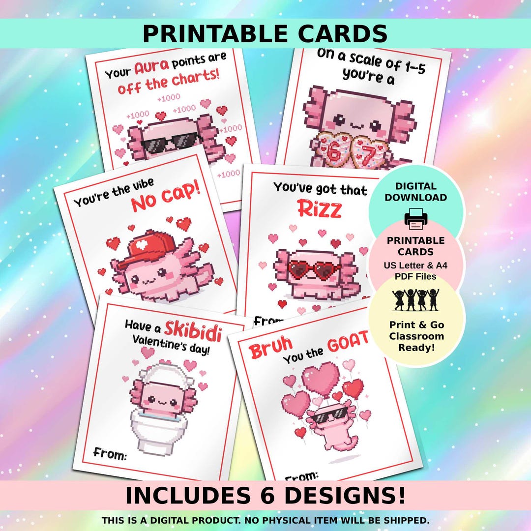 Slang Kids Valentine's Day Cards, Funny Axolotl Teen Tween Gen Alpha ...