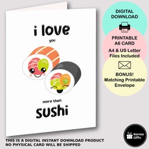 Printable Sushi Happy Valentine&#39;s Day or Anniversary Card, Funny Food A6 Greeting Card, Instant Download, Matching Printable C6 Envelope