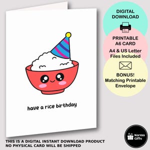 Tarjeta de felicitación de cumpleaños A6 imprimible con texto "Have a Rice", linda y divertida tarjeta con juego de palabras sobre comida, descarga instantánea, sobre C6 imprimible a juego