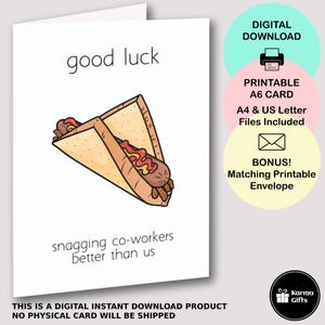 Tarjeta imprimible de buena suerte para compañeros de trabajo, salchicha australiana chisporroteante, felicitaciones por nuevo trabajo, descarga instantánea, sobre imprimible a juego