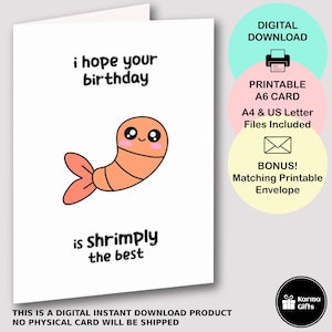 Carte d'anniversaire Shrimply The Best imprimable, carte de voeux drôle de jeu de mots de crevettes Kawaii, téléchargement immédiat, enveloppe imprimable assortie