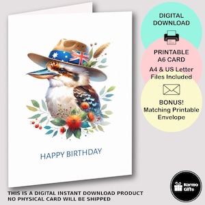 Printable Kookaburra Birthday Card, Aussie Animal Wildlife, Australian A6 Greeting Card, Instant Download, Matching Printable C6 Envelope