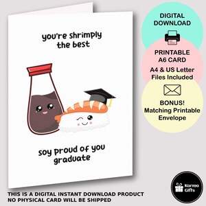 Carte de graduation sushi imprimable, carte de félicitations pour diplômés, enveloppe imprimable assortie, jeu de mots sushi drôle, Shrimply the best, soja fier