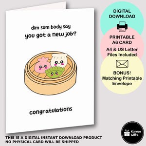 Druckbare neue Job-Glückwünsche Dim Sum Wortspiel Karte, lustige Arbeitskollegen A6 Grußkarte, sofortiger Download, passender druckbarer C6-Umschlag