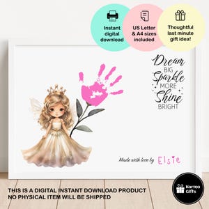 Arte imprimible con huellas de manos de hadas, Sueña en grande, brilla más, brilla intensamente, regalo de último minuto, manualidad fácil para niños, diseño de flor de hada 2