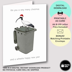 Carte de joyeux Noël imprimable Poubelle poulet Wheelie Bin, carte de voeux A6 Aussie Ibis A6 drôle, téléchargement immédiat, enveloppe C6 imprimable assortie