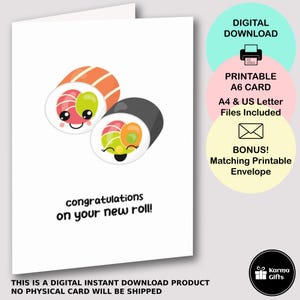 Tarjeta imprimible con juego de palabras de sushi para nuevo puesto de trabajo, divertida tarjeta de felicitación laboral, descarga instantánea, sobre imprimible a juego, felicitaciones para compañeros de trabajo