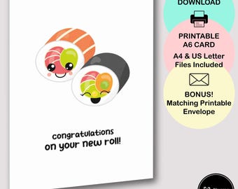 Printable New Job Role Sushi Pun Card, Funny Work Congratulations Card, Instant Download, Matching Printable Envelope, Coworker Congrats