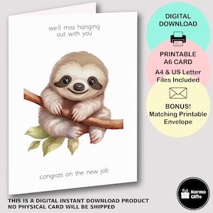 Carte imprimable Miss You Sloth, carte de jeu de mots animal drôle, jolie carte de félicitations pour nouveau travail, enveloppe imprimable assortie, adieu collègue
