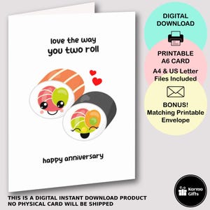 Tarjeta imprimible de feliz aniversario de sushi A6, divertido juego de palabras sobre comida, "Me encanta la forma en que ustedes dos se divierten", descarga instantánea con sobre C6 imprimible a juego