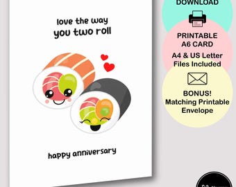 Carte imprimable Sushi joyeux anniversaire A6, jeu de mots drôle de nourriture, amour comme vous roulez tous les deux, téléchargement immédiat avec enveloppe C6 imprimable assortie
