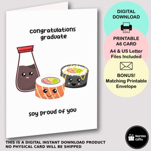 Tarjeta de graduación de sushi imprimible, tarjeta de felicitación de descarga instantánea, sobre imprimible a juego, divertido juego de palabras con sushi, estoy orgulloso de ti