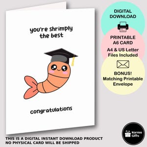 Tarjeta de felicitación de graduación imprimible de Shrimply, la mejor tarjeta de felicitación de camarones kawaii, descarga instantánea, sobre imprimible a juego.