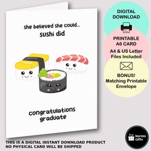 Carte de graduation sushi imprimable, carte de félicitations, enveloppe imprimable assortie, diplômé félicitations, elle croyait pouvoir faire des sushis