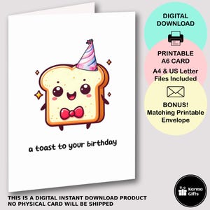 Printable Toast To Your Birthday Card, Funny Pun Card, Cute A6 Greeting Card, Instant Download, Matching Printable C6 Envelope