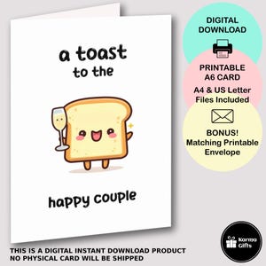 Tarjeta de brindis de compromiso de boda imprimible, tarjeta con divertidos juegos de palabras con comida, linda tarjeta de felicitación A6, descarga instantánea, sobre C6 imprimible a juego