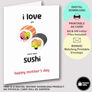 Tarjeta imprimible para el Día de la Madre "Te amo más que el sushi", divertida y linda tarjeta de felicitación A6, descarga instantánea, sobre C6 imprimible a juego