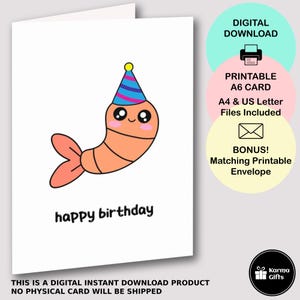 Carte imprimable de joyeux anniversaire de crevettes, carte de voeux mignonne de crevettes de Kawaii, téléchargement immédiat, enveloppe imprimable assortie