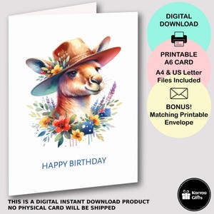 Druckbare Geburtstagskarte Känguru, Aussie Animal Wildlife, australische A6 Grußkarte, sofortiger Download, passender druckbarer C6-Umschlag