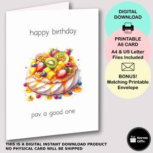 Printable Pavlova Birthday Card, Funny Aussie Food Pun Card, Australian A6 Greeting Card, Instant Download, Matching Printable C6 Envelope